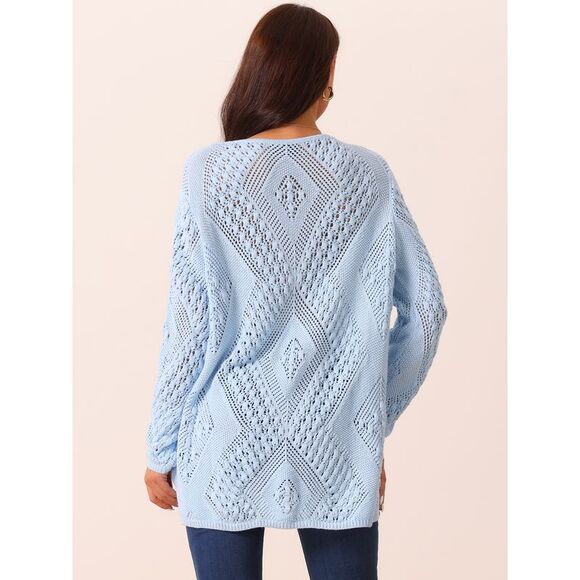 V Neck Long Sleeve Hollow Cable Knit Loose Casual Pullover Sweaters Blue - Picture 4 of 5